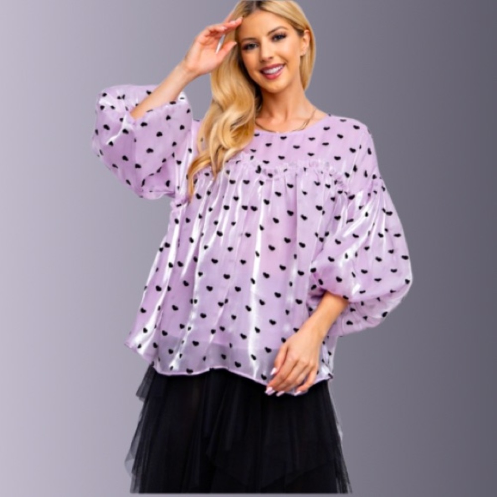 NEW SO PRETTY HEART PRINTED ORGANZA BABYDOLL TOP